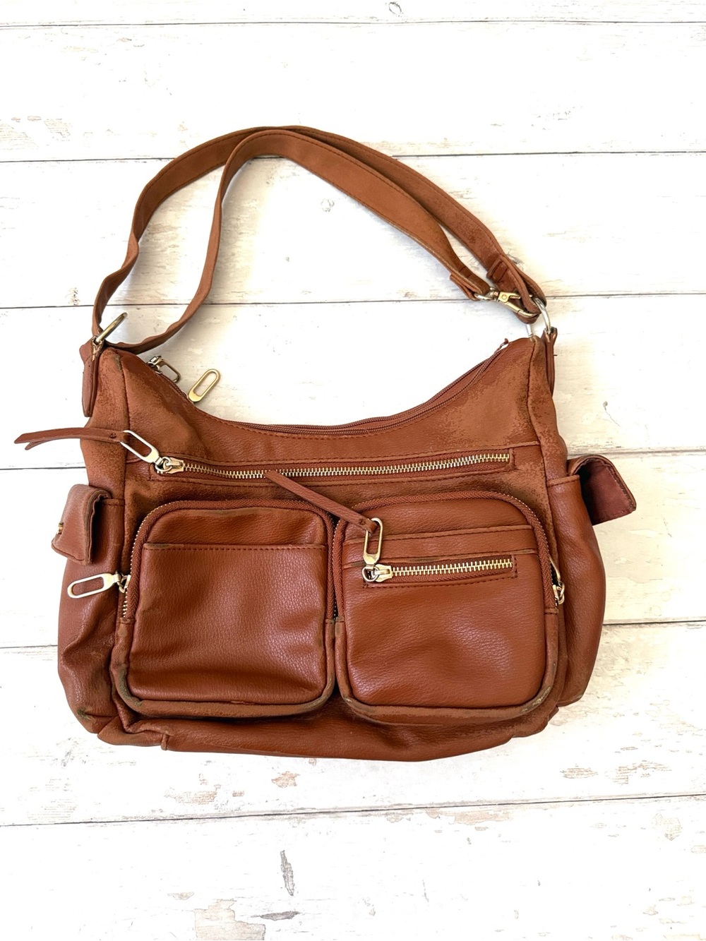 Brown Leather Purse Shoulder Bag Multiple Pockets 12x10x4in